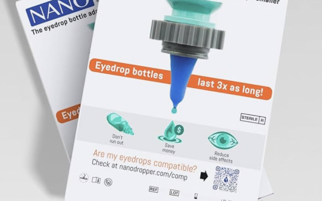 Close-up of an eye drop bottle with the Nanodropper adaptor, showing reduced drop size for precise eye care.